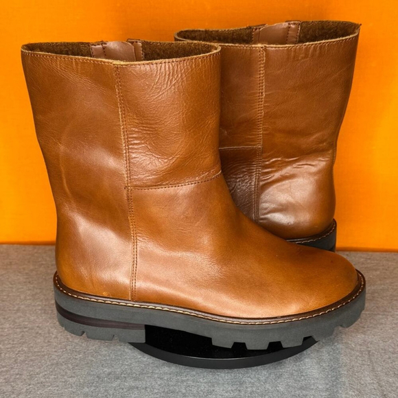 Vince Camuto Telvanni Cognac‎ Brown Leather Platform Boot Zip Size 7 EU 37.5 - Picture 1 of 10